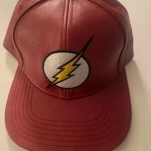 Red Leather Baseball Cap with Yellow Lightning Patch “The Flash”